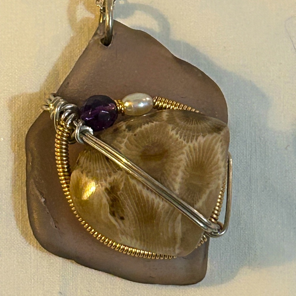 Petoskey Stone & Purple Sea Glass Pendant (Signed) w/18” .925 Silver Chain